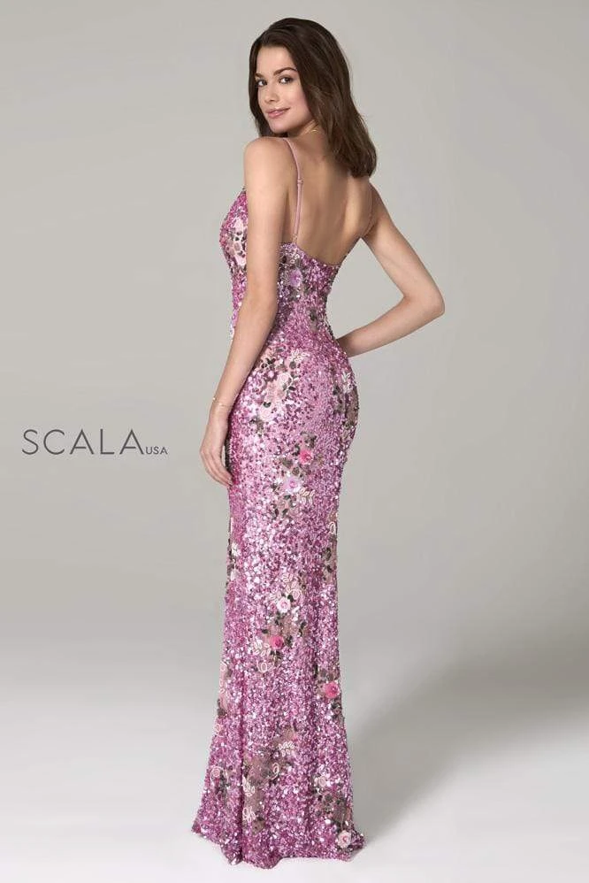 Scala - 48965 Floral Sequined Deep V-neck Sheath Dress 8 Scala - 48965 Floral Sequined Deep V-neck Sheath Dress