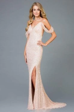 Scala - 48979 Full Sequin Sexy Sheath Gown With Drape Shoulder Sleeves