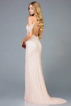 Scala - 48979 Full Sequin Sexy Sheath Gown With Drape Shoulder Sleeves