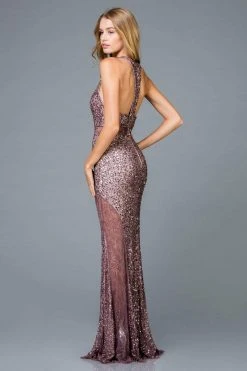Scala - 48983 Sequined Deep V-neck Fitted Dress