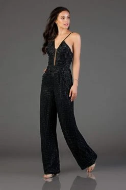 SCALA - 48995 Sequined Plunging V-Neck Jumpsuit