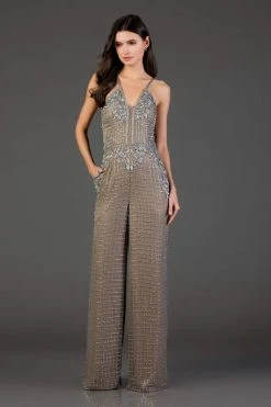 SCALA - 48995 Sequined Plunging V-Neck Jumpsuit