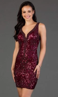 SCALA - 60048 Sequined Plunging V-Neck Cocktail Dress