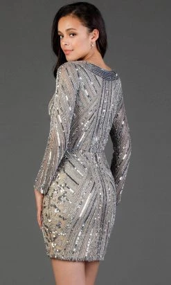 SCALA - 60056 Sequined Long Sleeve V-neck Sheath Dress 8 SCALA - 60056 Sequined Long Sleeve V-neck Sheath Dress