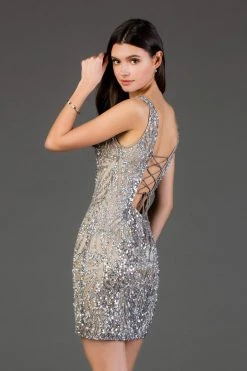 SCALA - 60057 Sequined Plunging V-neck Sheath Dress