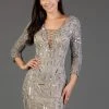 SCALA - 60068 Beaded Quarter Length Sleeve Deep V-neck Sheath Dress