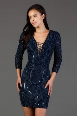 SCALA - 60068 Beaded Quarter Length Sleeve Deep V-neck Sheath Dress