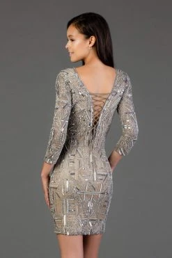 SCALA - 60068 Beaded Quarter Length Sleeve Deep V-neck Sheath Dress