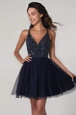 SCALA - 60076 V-Neck Sequined Bodice Short A-Line Dress 8 SCALA - 60076 V-Neck Sequined Bodice Short A-Line Dress