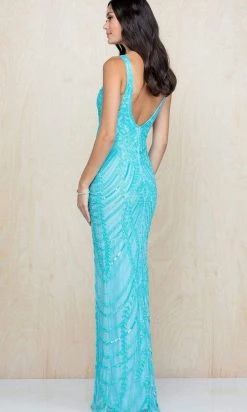 Scala - 60222 Sequined Deep V Neck Sheath Dress