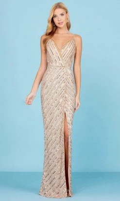 SCALA - 60258 Striped Sequin V-Neck Gown