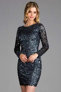SCALA - Bedazzled Long Sleeve Bateau Sheath Dress 48884 - 1 Pc Charcoal In Size 6 Available