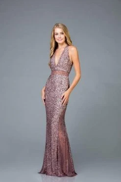 SCALA - Sequined Deep V-neck Fitted Dress 48983 - 1 Pc Amethyst In Size 2 Available