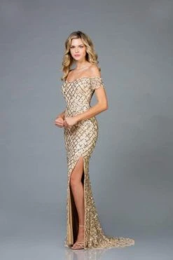Scala - Sequined Off-Shoulder Sheath Dress 48945 - 1 Pc Champaign In Size 10 Available