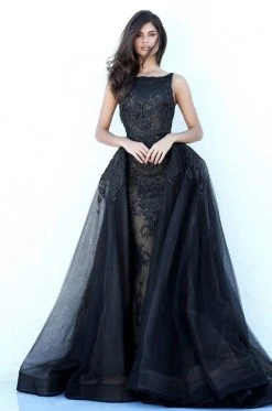 Sherri Hill - 50768 Applique Bateau Sheath Dress With Overskirt