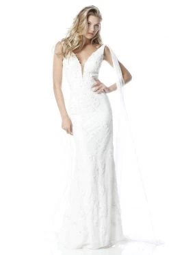 Sherri Hill - 51599 Beaded Lace Deep V-Neck Dress With Chiffon Drapes