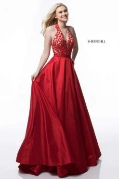 Sherri Hill - 51643 Lace Ornate Halter V Neck Taffeta Ballgown 16 Sherri Hill - 51643 Lace Ornate Halter V Neck Taffeta Ballgown