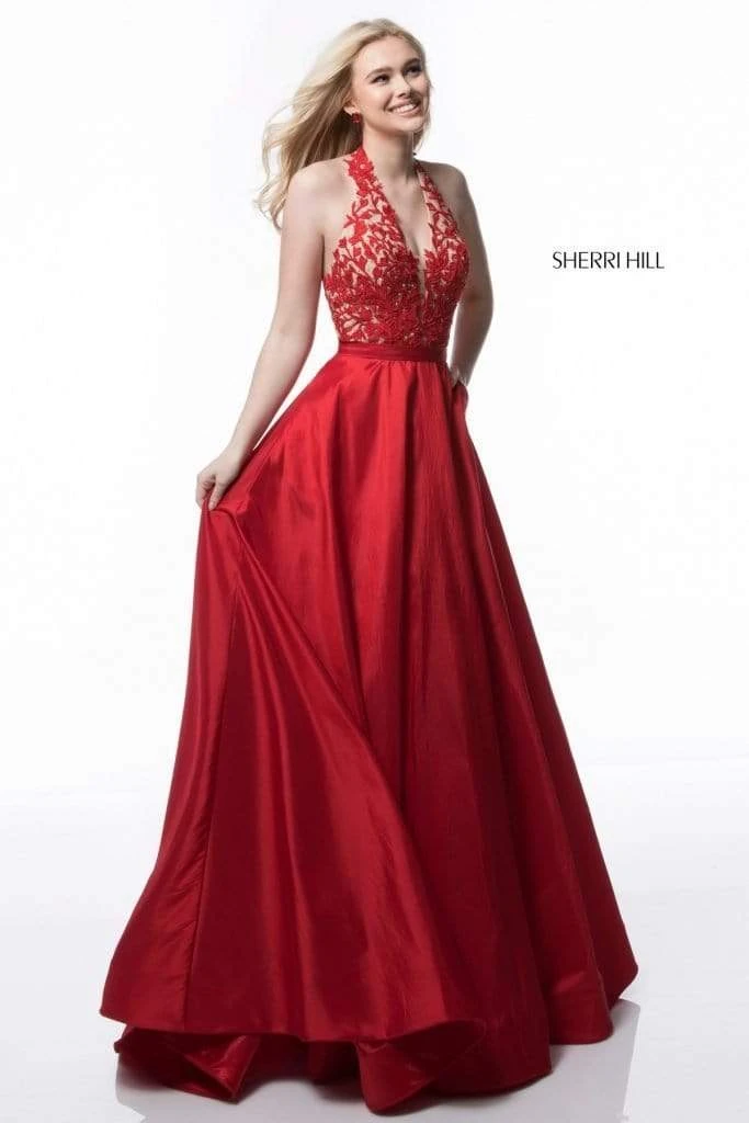 Sherri Hill - 51643 Lace Ornate Halter V Neck Taffeta Ballgown 8 Sherri Hill - 51643 Lace Ornate Halter V Neck Taffeta Ballgown
