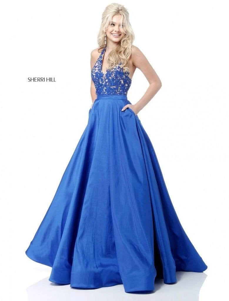 Sherri Hill - 51643 Lace Ornate Halter V Neck Taffeta Ballgown 10 Sherri Hill - 51643 Lace Ornate Halter V Neck Taffeta Ballgown