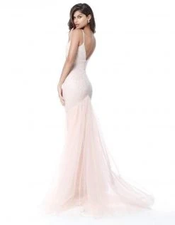 Sherri Hill - 51645 Beaded Deep V-Neck Sheath Dress With Tulle Train