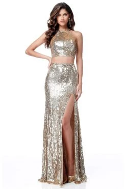 Sherri Hill - 51662 Two Piece Beaded Halter High Slit Dress