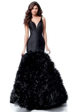 Sherri Hill - 51678 Deep V-Neck Ruffled Tulle Mermaid Dress