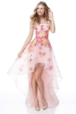 Sherri Hill - 51684 Square Neck Floral Organza High Low A-Line Dress