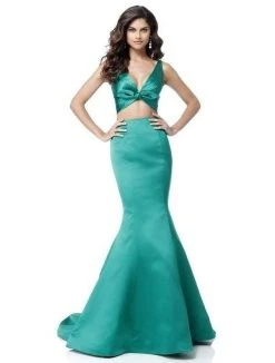 Sherri Hill - 51712 Knotted Crop Top Two-Piece Satin Mermaid Gown