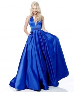 Sherri Hill - 51729 Deep V Neck Halter Bodice Satin Ballgown