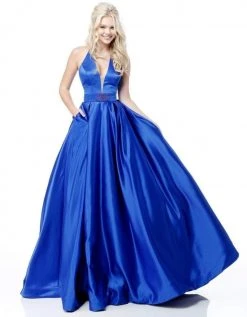Sherri Hill - 51729 Deep V Neck Halter Bodice Satin Ballgown
