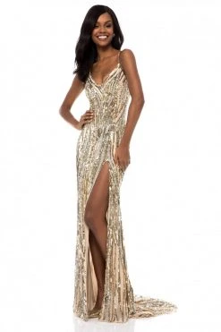 Sherri Hill - 51743 Beaded V-Neck Evening Dress With Slit