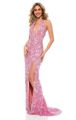 Sherri Hill - 51748 Full Sequins Plunging Halter Fitted Evening Gown