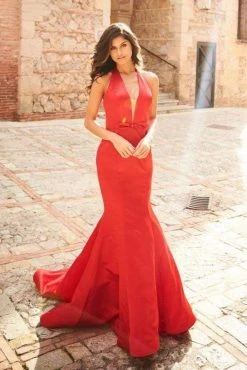 Sherri Hill - 51764 Halter Deep V Neck Satin Mermaid Gown