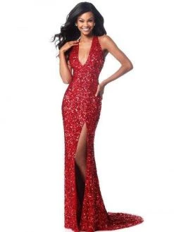 Sherri Hill - 51785 Deep V Neck Fitted Sequin Gown