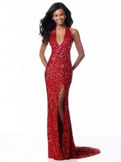 Sherri Hill - 51785 Deep V Neck Fitted Sequin Gown