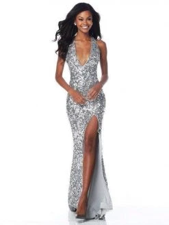 Sherri Hill - 51785 Deep V Neck Fitted Sequin Gown