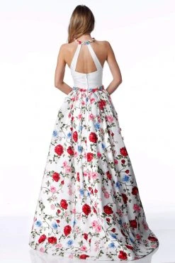Sherri Hill - 51796 Halter Fitted Dress With Floral Print Overskirt
