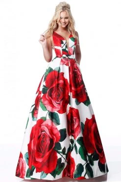 Sherri Hill - 51888 Floral Print Deep V-Neck Ballgown