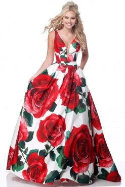 Sherri Hill - 51888 Floral Print Deep V-Neck Ballgown