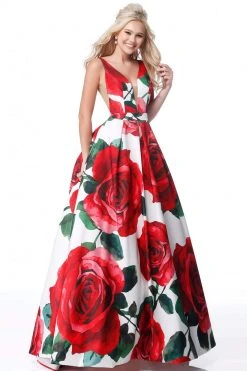 Sherri Hill - 51888 Floral Print Deep V-Neck Ballgown
