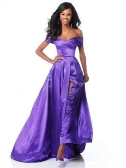 Sherri Hill - 51892 Off Shoulder High Slit Satin A-Line Dress