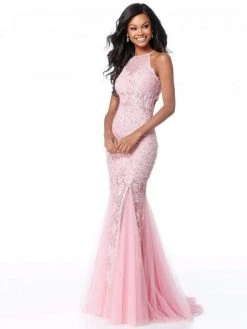 Sherri Hill - 51913 Lace Applique Halter Tulle Trumpet Dress