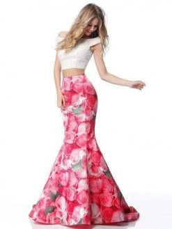 Sherri Hill - 51927 Two Piece Off-Shoulder Floral Print Mermaid Dress
