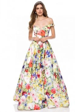 Sherri Hill - 52004 Off-Shoulder Satin Floral Print Ballgown