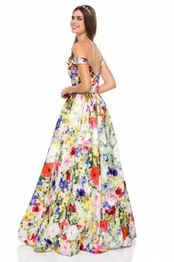 Sherri Hill - 52004 Off-Shoulder Satin Floral Print Ballgown