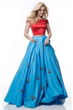 Sherri Hill - 52030 Cap Sleeve Satin Cherry Print Ballgown