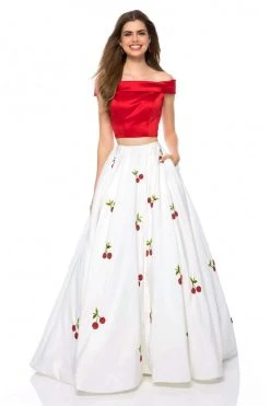 Sherri Hill - 52030 Cap Sleeve Satin Cherry Print Ballgown