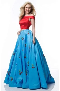 Sherri Hill - 52030 Cap Sleeve Satin Cherry Print Ballgown