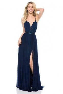 Sherri Hill - 52034 Lace Deep V-neck Chiffon Sheath Dress