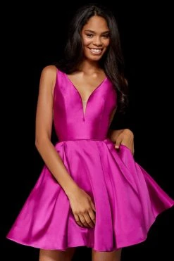 Sherri Hill - 52179 Illusion Deep V Bodice Satin Short A-Line Dress 11 Sherri Hill - 52179 Illusion Deep V Bodice Satin Short A-Line Dress